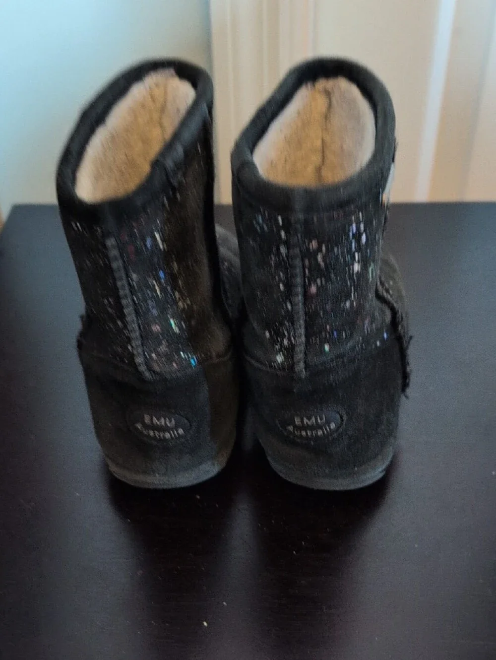 Emu Kids Black Suede Boots with Colorful Paint Speckles